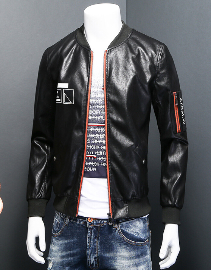 UYUK 2016秋季新款韩版修身棒球领男士PU皮夹克